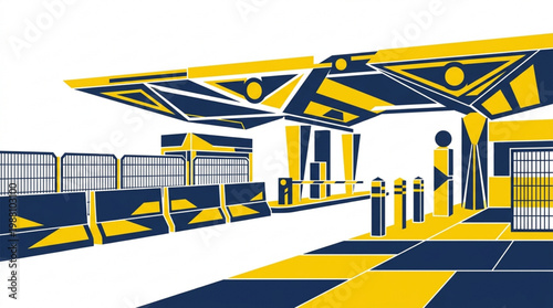 Modern Geometric Toll Booth with Yellow and Blue Design.