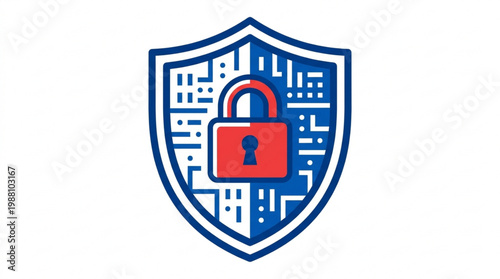 Digital Security Shield with Red Padlock Icon.