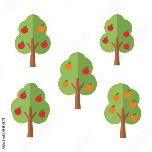 Flat Design Apple Trees with Red and Orange Fruits on White Background