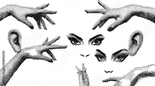 Abstract human face illustration featuring stylized halftone eyes ears and hands design elements created for artistic editorial layouts or modern creative graphic project backdrops