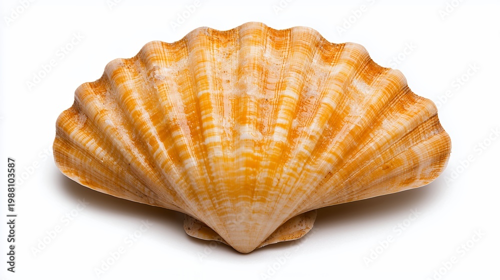 Obraz premium Close-up of a Delicate Scallop Seashell with Pale Orange and White Hues Against a Pure White Background