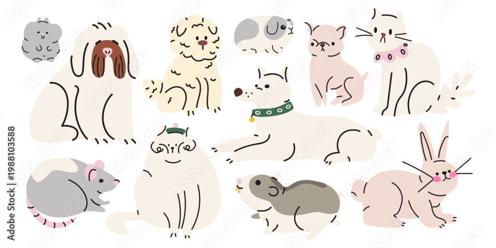 Obraz premium Cartoon cute domestic animals character collection in various poses and different breeds. Funny cats, dogs, hamsters and rat with happy charming playful expression