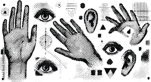 Human senses vector illustration featuring halftone hands eyes and ears patterns arranged in a creative black and white abstract design for modern media projects display
