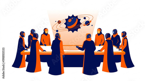 Group of people in robes gathered around a table discussing celestial bodies.