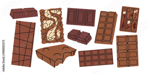 Vector set of milk chocolate bars in doodle style. Cocoa product, broken, pieces. Sweet food vector illustration