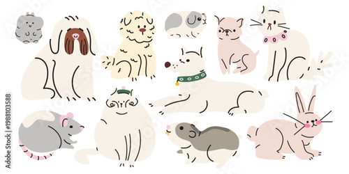 Cartoon cute domestic animals character collection in various poses and different breeds. Funny cats, dogs, hamsters and rat with happy charming playful expression