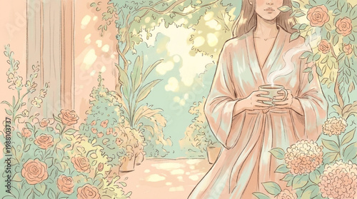 Woman in a robe holding a cup of tea.