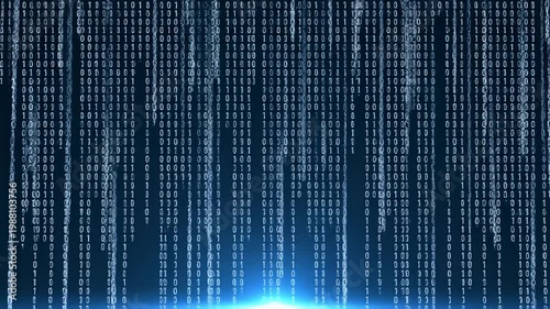 Falling binary code on dark blue background with glowing light