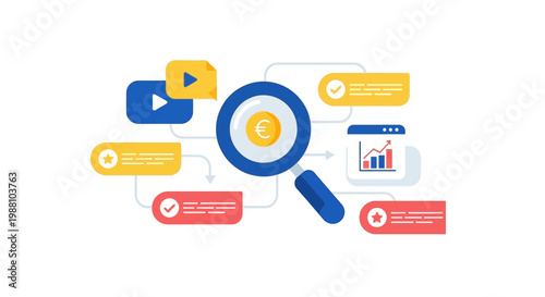 Magnifying glass with digital icons.