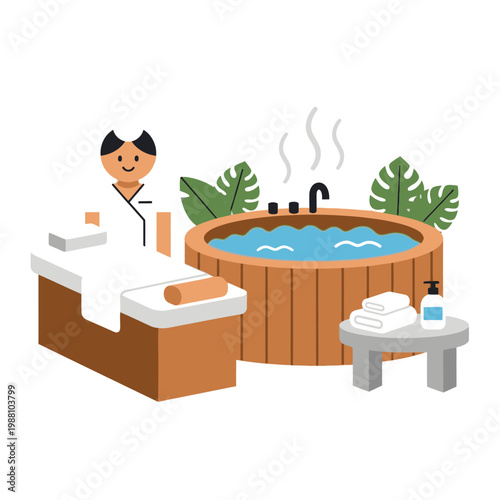 Spa relaxation with hot tub, massage bed, towels, and tropical leaves
