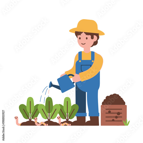 Farmer watering plants and worms in soil, organic gardening illustration