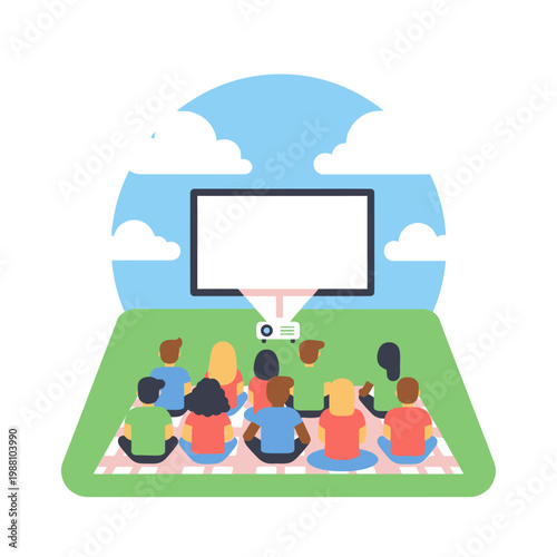 Outdoor movie night: people watching film on big screen in park