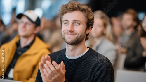 Young founder pitches to crowded room of skeptical venture capitalists in modern conference center, audience faces showing mixed reactions and judgment, ideal for series A fundraising, pitch