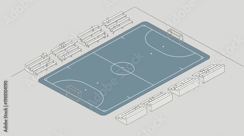 Schilderij op canvas Isometric schematic of an indoor futsal court with spectator seating and markings