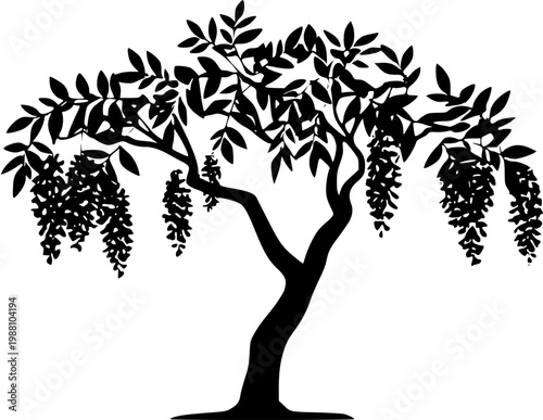 An ultra-realistic image of a solitary, gnarled vine of Wisteria with twisted woody structure and a single drooping cluster of purple flowers, isolated on a pure white background