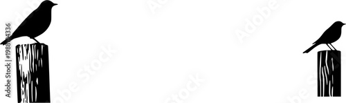 A solitary bird perches gracefully atop an aged wooden fence post, its silhouette sharply outlined against a pristine white backdrop, evoking a serene rural scene