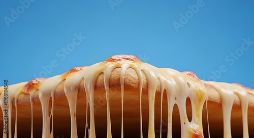 Melted cheese dripping from a freshly baked pizza slice against a vibrant blue backdrop, showcasing a close-up view of the gooey, delicious, and tempting Italian cuisine.