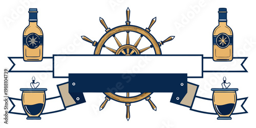 Nautical maritime emblem with ship wheel and bottles, vector