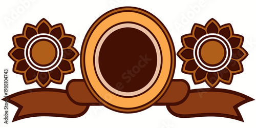 Brown decorative emblem badge with ribbon and rosettes, vector