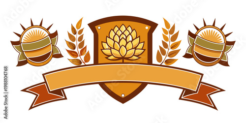 Beer brewery emblem with hops wheat and blank ribbon, vector