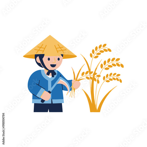 Asian farmer harvesting rice with sickle, flat illustration