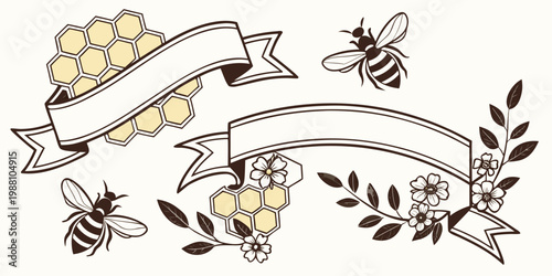 Vintage honey bee and honeycomb floral ribbon banners, vector