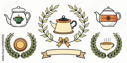 Vintage style teapot and tea shop illustrations set, vector