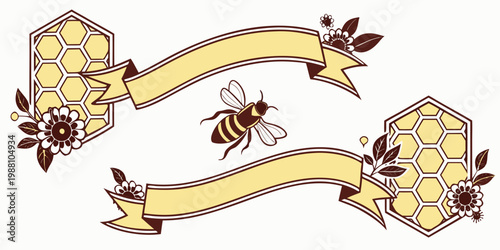 Honeybee banners and honeycomb floral elements illustration, vector