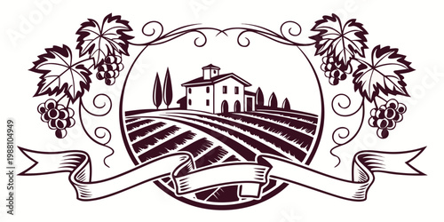 Vintage vineyard emblem with grapes and ribbon, vector