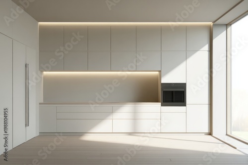 Modern kitchen interior with integrated appliances and ambient lighting.