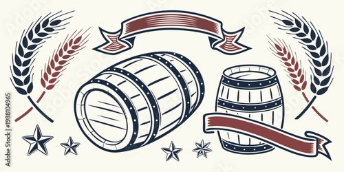 Vintage beer and whiskey barrel illustration set, vector
