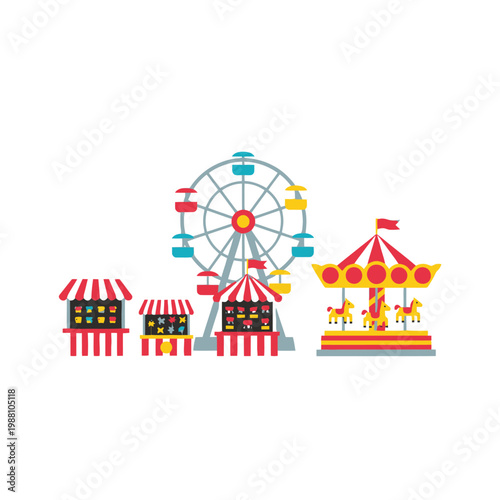 Amusement Park Flat Design: Ferris Wheel, Carousel, and Stalls