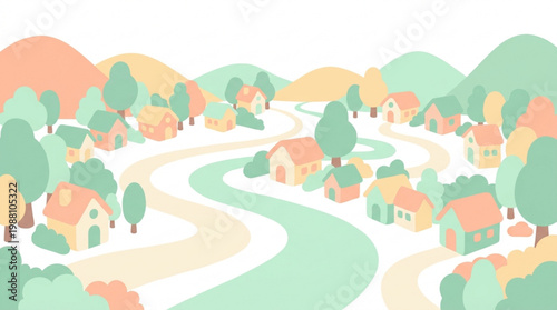 Charming village nestled in rolling hills with winding river.