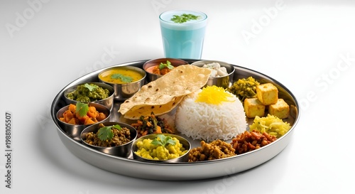 Authentic Indian Thali platter with rice, lentils, vegetables, and papadum, presented on a stainless steel tray with a refreshing mint beverage, showcasing vibrant colors.