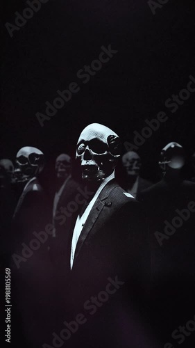 A group of faceless mannequins spinning on an endless loop in a stop motion style.
