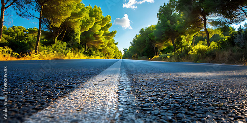 Scenic Road Through Wooded Forest Under Blue Sky
