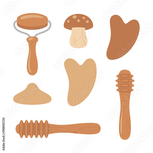 Natural Wood Spa Tools for Skincare: Gua Sha, Roller, Mushroom and Honey Dipper