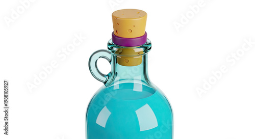 Close-up of a cartoon-style turquoise glass bottle with a cork stopper