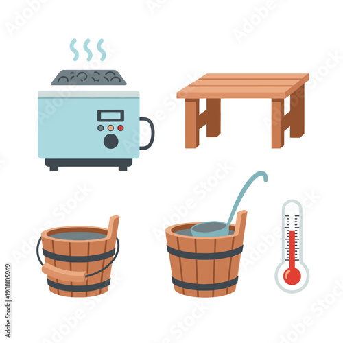 Sauna equipment: heater, bucket, ladle, stool, thermometer, steam, relaxation