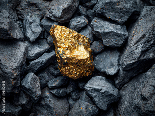 Lustrous Gold Nugget Resting Among Dark Stones