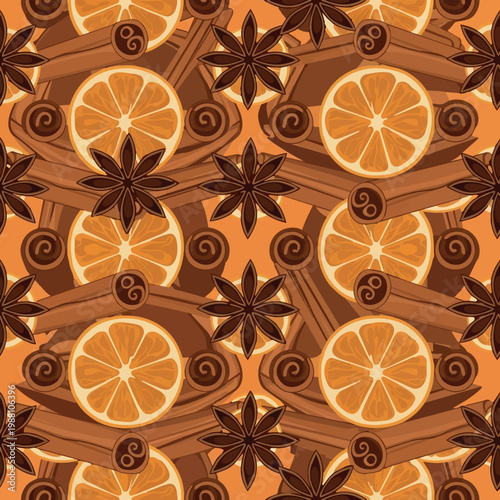 Seamless pattern with orange slices, cinnamon sticks, star anise and swirls in warm autumn color palette .