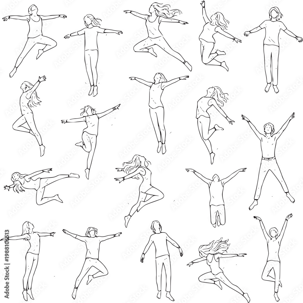 Fototapeta premium set of diverse women in dynamic yoga poses isolated on white background line art illustration