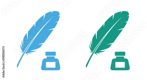 Two colorful feathers with ink bottles on a plain white background, symbolizing writing, creativity, and artistic