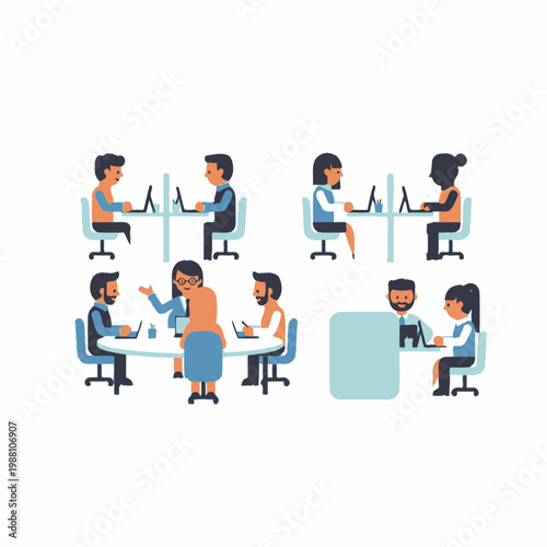 Diverse business team collaborating in modern office meeting rooms with laptops