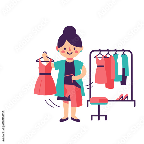 Woman choosing dress from rack for fashion shopping, flat illustration