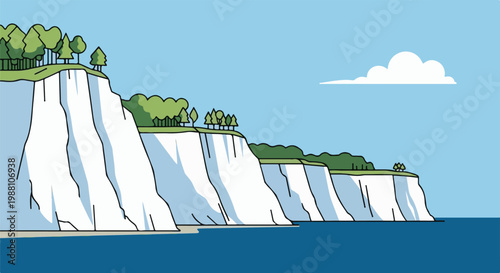 Stylized cartoon illustration of white chalk cliffs meeting a blue ocean