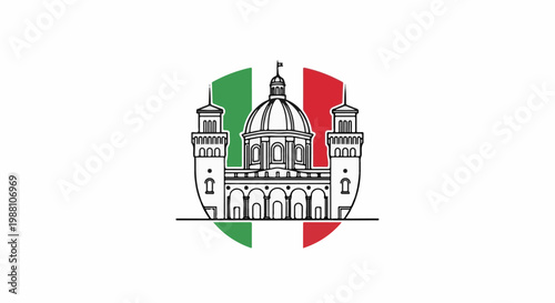 Stylized Italian landmark with dome, towers, arches, and flag colors