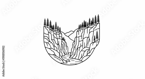 Stylized line art of a U-shaped canyon with a river and trees