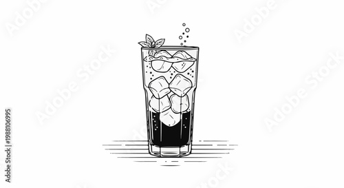 Tall glass filled with iced beverage and mint leaf on white background