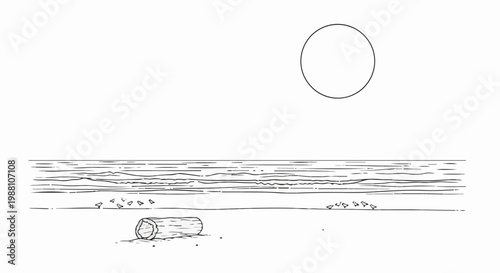 A simplified sketch shows a circle in the sky above wavy water and a log on a beach